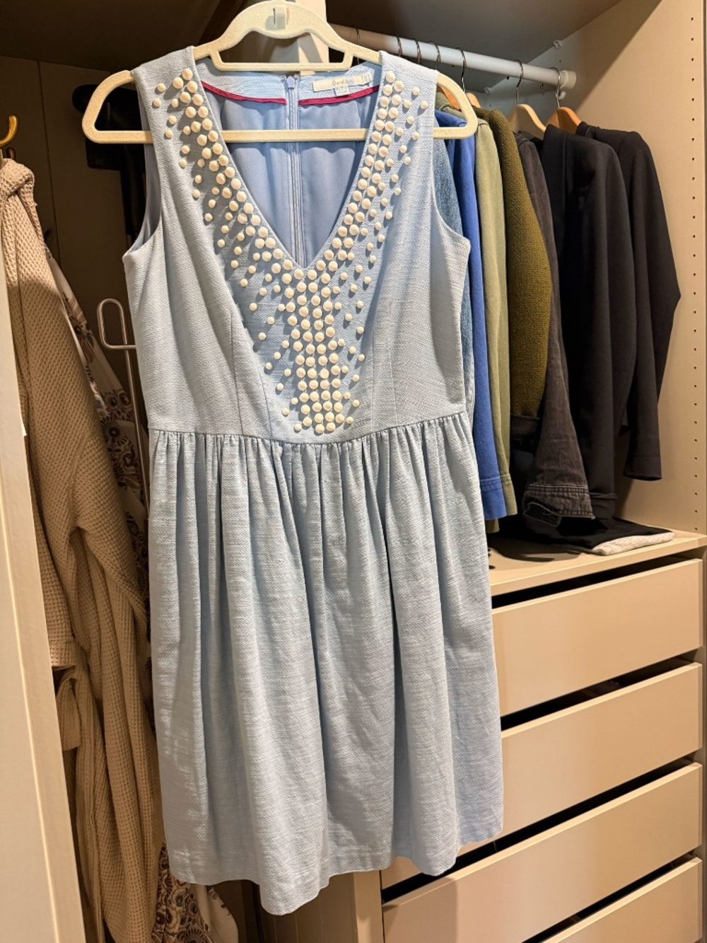 Boden Pale Blue Beaded V-Neck Fit Flare Dress 10